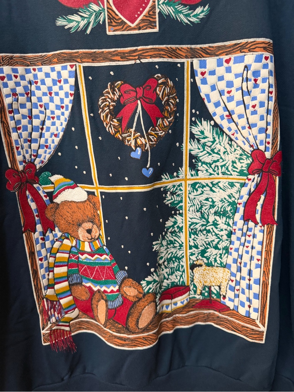 Vintage Christmas Teddy Bear Window Scene Sweater Navy Blue Holiday Collared L - Picture 3 of 7
